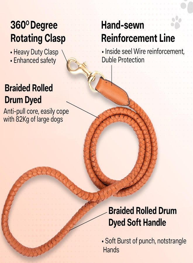 ADIL'S Adil’S Braided Rolled Drum Dyed Leather Dog Leash with 360 Degree Rotating Clasp 5 FT Long, Non-Slip Grip Handle, Suitable for Large & Medium Dogs, Cognac - Image 2